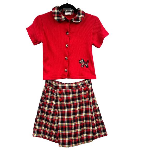 VTG 90s Plaid Skort Shirt Set Youth16 Mini Scottie Dog School Retro Fall Outfit - Picture 1 of 16